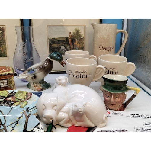 216 - Collection of Mixed Items to include Beswick Pig Figure, Ovaltine Mugs, Coalport Owl Plates, etc.