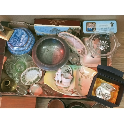 255 - Box of Mixed China, Metal Ware, etc to include Pewter Items, Vintage Tins, Ringtons Items, etc.