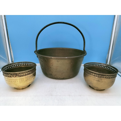 451 - Copper Jam Pan with Collection of Brass Candlesticks. Pan Size 15cm High, 33cm Diameter.