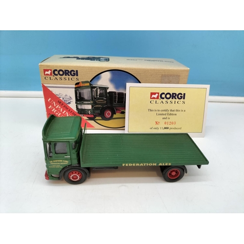 453 - Boxed Corgi Classics AEC 4 Wheel Flatbed with Barrels 'Federation Brewery' 97370 and Bedford OB 'War... 