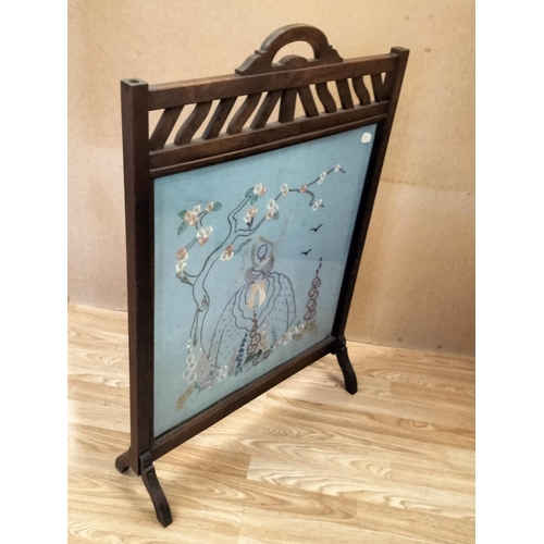 588 - Carved Oak Shield Back Nursing Chair on Castors plus Oak Framed Tapestry Fire Screen. Chair measures... 