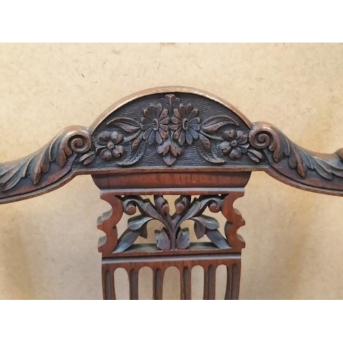 588 - Carved Oak Shield Back Nursing Chair on Castors plus Oak Framed Tapestry Fire Screen. Chair measures... 