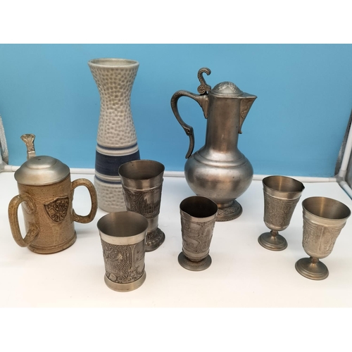 632 - West German 28cm 'Jasba' Vase plus Pewter Jug and Goblets to include a Three Handled Lidded Tankard.