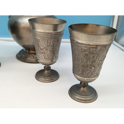 632 - West German 28cm 'Jasba' Vase plus Pewter Jug and Goblets to include a Three Handled Lidded Tankard.