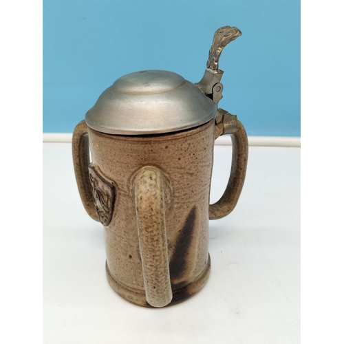 632 - West German 28cm 'Jasba' Vase plus Pewter Jug and Goblets to include a Three Handled Lidded Tankard.