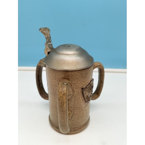 632 - West German 28cm 'Jasba' Vase plus Pewter Jug and Goblets to include a Three Handled Lidded Tankard.