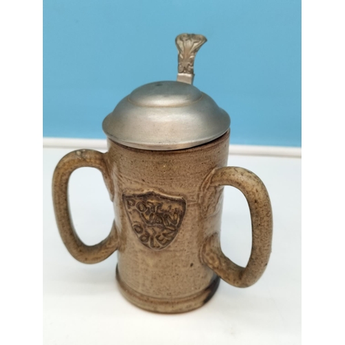 632 - West German 28cm 'Jasba' Vase plus Pewter Jug and Goblets to include a Three Handled Lidded Tankard.