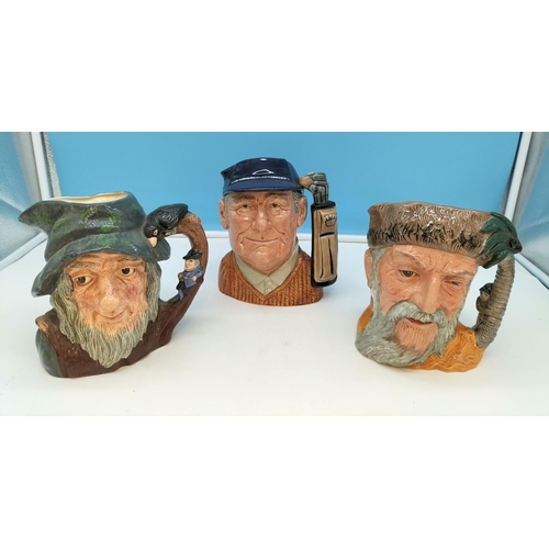 642 - Royal Doulton Large 19cm Character Jugs (3) to include Golfer D6623, Rip Van Winkle D 6438 and Robin... 