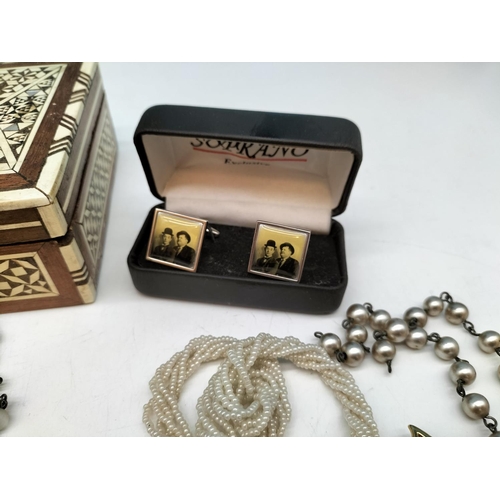 644 - Wooden Box with Mixed Costume Jewellery, Perfume Bottles, etc. Box measures 5cm High, 16cm x 11cm.