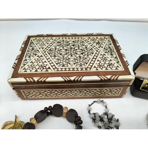 644 - Wooden Box with Mixed Costume Jewellery, Perfume Bottles, etc. Box measures 5cm High, 16cm x 11cm.