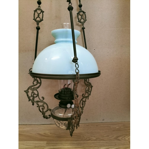 66 - Victorian Adjustable Hanging Oil Lamp with Light Shade and Fittings. 100cm High, 32cm Diameter.