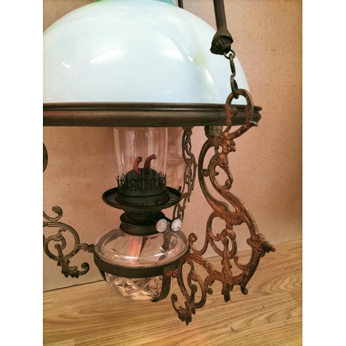 66 - Victorian Adjustable Hanging Oil Lamp with Light Shade and Fittings. 100cm High, 32cm Diameter.