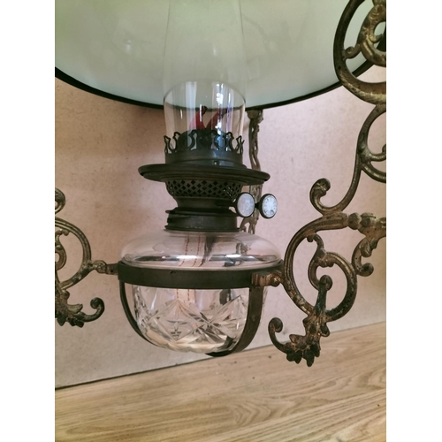 66 - Victorian Adjustable Hanging Oil Lamp with Light Shade and Fittings. 100cm High, 32cm Diameter.