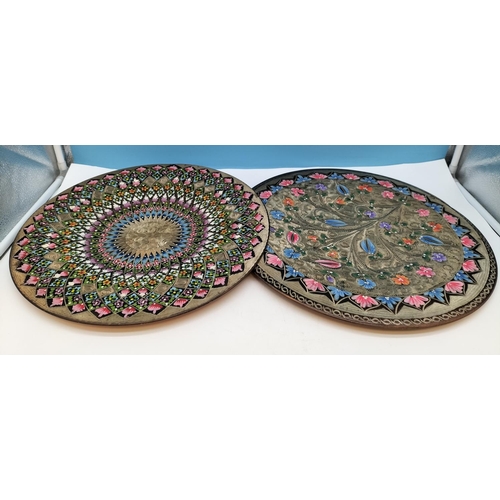 75 - Large 42cm  Etched and Hand Painted Copper Chargers (2).