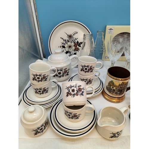 394 - Collection of Mixed Pottery and Glass to include 21 Piece Tea Set (Chip to Cake Plate), Jugs, etc.