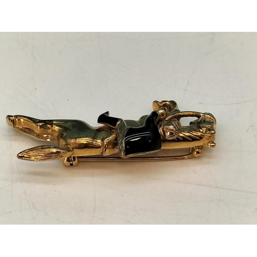 138 - Gold Tone Metal Horse and Rider Brooch. 5cm Long