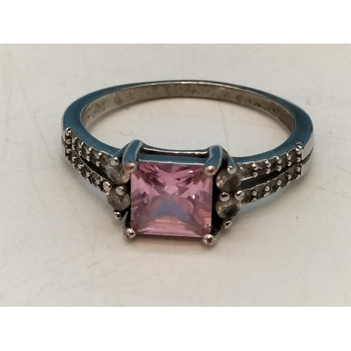 224 - Unmarked 925 Silver and Pink Stone with Cubic Zirconia Stones. Size M.