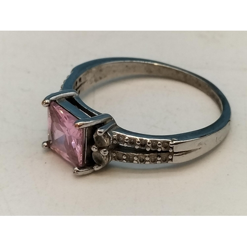 224 - Unmarked 925 Silver and Pink Stone with Cubic Zirconia Stones. Size M.