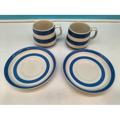 241 - T G Green Blue and White Ribbed Cups and Saucers (2)