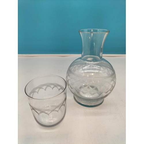 243 - Bedside Glass Water Carafe and Glass Set with Etched Design. 17cm Tall.