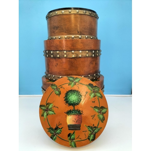 269 - Graduated Set of 3 Lacquered Wood Hat Boxes Decorated with Olive Trees and Velvet Lined Interiors. L... 