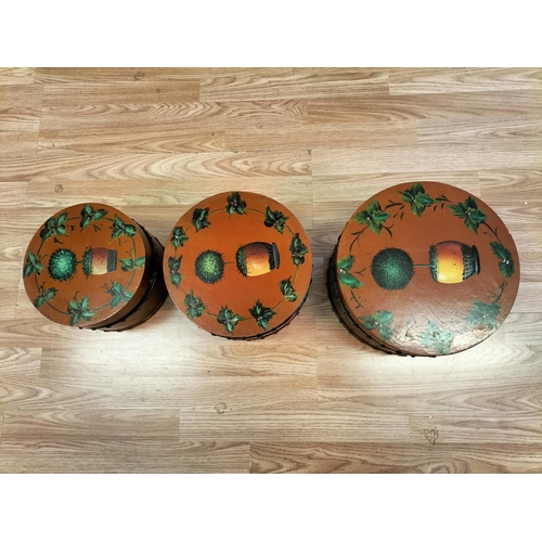 269 - Graduated Set of 3 Lacquered Wood Hat Boxes Decorated with Olive Trees and Velvet Lined Interiors. L... 