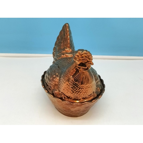 332 - Creigiau Pottery (Wales) Rare Copper Lustre Hen Crock. 18cm High x 19cm