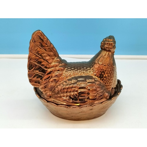 332 - Creigiau Pottery (Wales) Rare Copper Lustre Hen Crock. 18cm High x 19cm