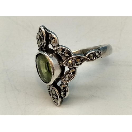 350 - Marked Silver Peridot and Marcasite Cocktail Ring Size M