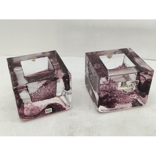 472 - Pair of Kosta Boda Glass Candleholders (Orrefors Sweden). 8cm High, 9cm x 9cm.