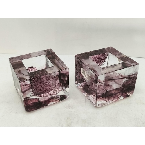 472 - Pair of Kosta Boda Glass Candleholders (Orrefors Sweden). 8cm High, 9cm x 9cm.