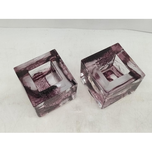 472 - Pair of Kosta Boda Glass Candleholders (Orrefors Sweden). 8cm High, 9cm x 9cm.