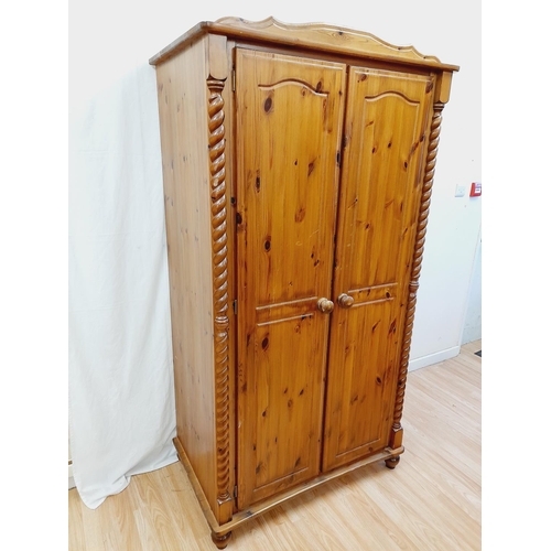 486 - Pine Two Door Wardrobe with Barley Twist Columns. 190cm High, 101cm x 60cm. Collection Only