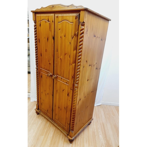 486 - Pine Two Door Wardrobe with Barley Twist Columns. 190cm High, 101cm x 60cm. Collection Only