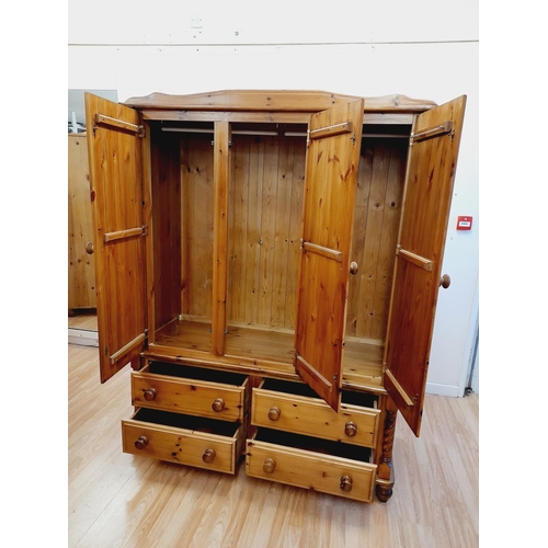 487 - Pine Three Door Over Four Drawer Wardrobe  with Barley Twist Columns. 190cm High, 143cm x 60cm. Coll... 