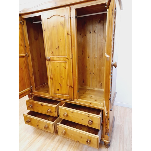 487 - Pine Three Door Over Four Drawer Wardrobe  with Barley Twist Columns. 190cm High, 143cm x 60cm. Coll... 