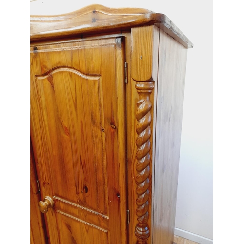 487 - Pine Three Door Over Four Drawer Wardrobe  with Barley Twist Columns. 190cm High, 143cm x 60cm. Coll... 