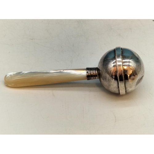 504 - 925 Silver and Mother of Pearl Handle Baby's Rattle. 11cm Long