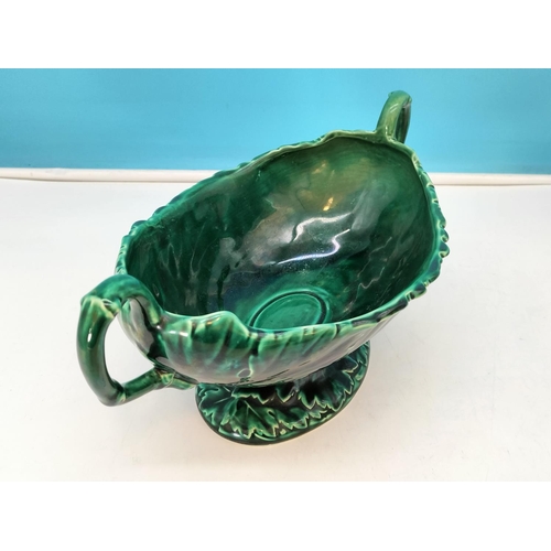 592 - Unmarked Wedgwood Green Magolica Cabbage Twin Handled Vase/Bowl. 16cm High, 33cm x 18cm