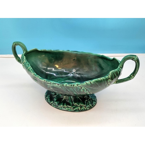 592 - Unmarked Wedgwood Green Magolica Cabbage Twin Handled Vase/Bowl. 16cm High, 33cm x 18cm