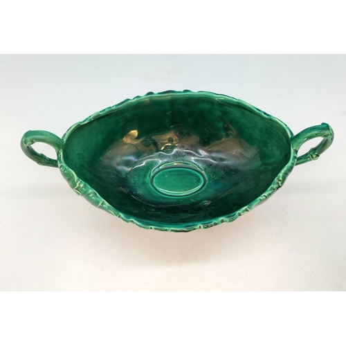 592 - Unmarked Wedgwood Green Magolica Cabbage Twin Handled Vase/Bowl. 16cm High, 33cm x 18cm