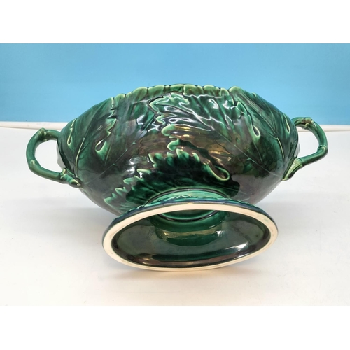 592 - Unmarked Wedgwood Green Magolica Cabbage Twin Handled Vase/Bowl. 16cm High, 33cm x 18cm