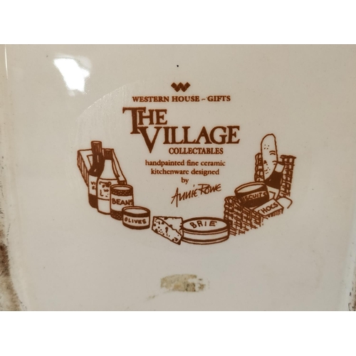 597 - Village Shop Teapots (4) plus Village Shop Storage Jar. Tallest 22cm. Light Chip to 2 Spouts and Bas... 