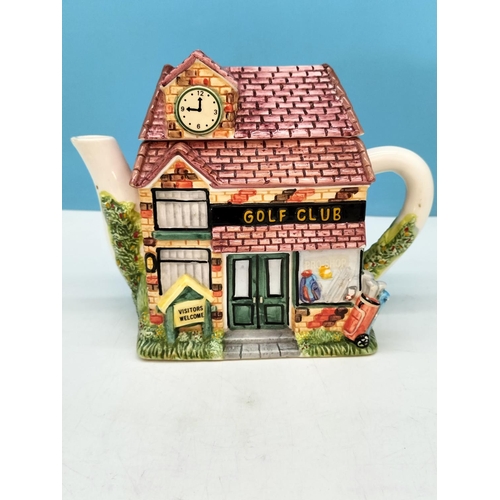 597 - Village Shop Teapots (4) plus Village Shop Storage Jar. Tallest 22cm. Light Chip to 2 Spouts and Bas... 