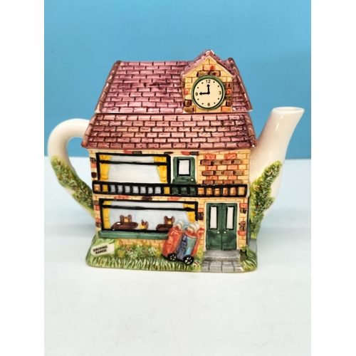 597 - Village Shop Teapots (4) plus Village Shop Storage Jar. Tallest 22cm. Light Chip to 2 Spouts and Bas... 