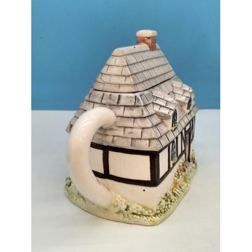 597 - Village Shop Teapots (4) plus Village Shop Storage Jar. Tallest 22cm. Light Chip to 2 Spouts and Bas... 