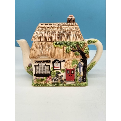 597 - Village Shop Teapots (4) plus Village Shop Storage Jar. Tallest 22cm. Light Chip to 2 Spouts and Bas... 