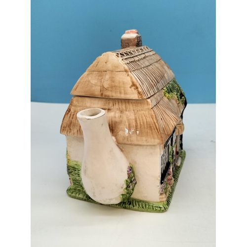 597 - Village Shop Teapots (4) plus Village Shop Storage Jar. Tallest 22cm. Light Chip to 2 Spouts and Bas... 