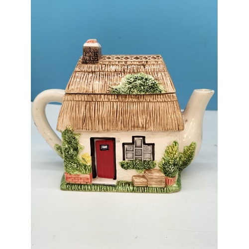 597 - Village Shop Teapots (4) plus Village Shop Storage Jar. Tallest 22cm. Light Chip to 2 Spouts and Bas... 