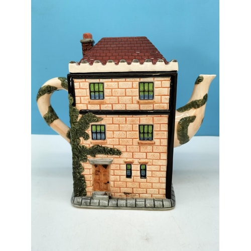 597 - Village Shop Teapots (4) plus Village Shop Storage Jar. Tallest 22cm. Light Chip to 2 Spouts and Bas... 